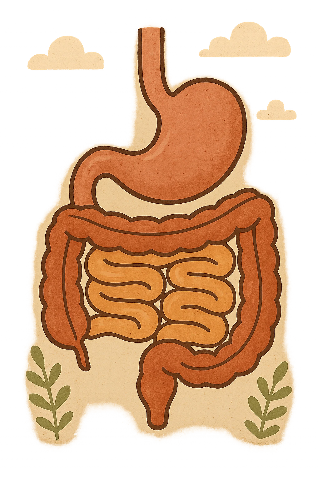 Anatomical illustration of the human digestive system, showing the stomach, small intestine, and large intestine. Smooth 3D style, soft shading, clean and simple design.
 emoji