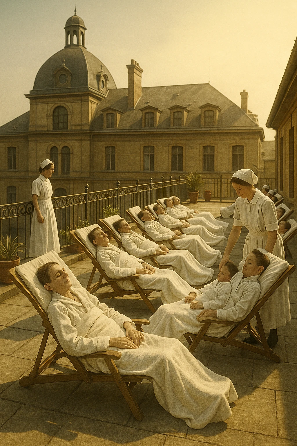 A realistic, historical cinematic illustration of a hospital rooftop solarium from the early 1900s, with patients in white robes and blankets lying on lounge chairs under the sun, receiving heliotherapy. Nurses in classic white uniforms and caps assist quietly, while the warm sunlight bathes the scene. The architecture is vintage, with iron railings, potted plants, and the backdrop of an old European hospital building. The atmosphere is calm and healing, showing patients with tuberculosis, rickets, and malnutrition benefiting from the sun’s rays to stimulate vitamin D production. The color palette is warm, with soft yellows and gentle sunlight, evoking a sense of hope and natural healing, reminiscent of historical black-and-white photographs with subtle colorization for realism emoji