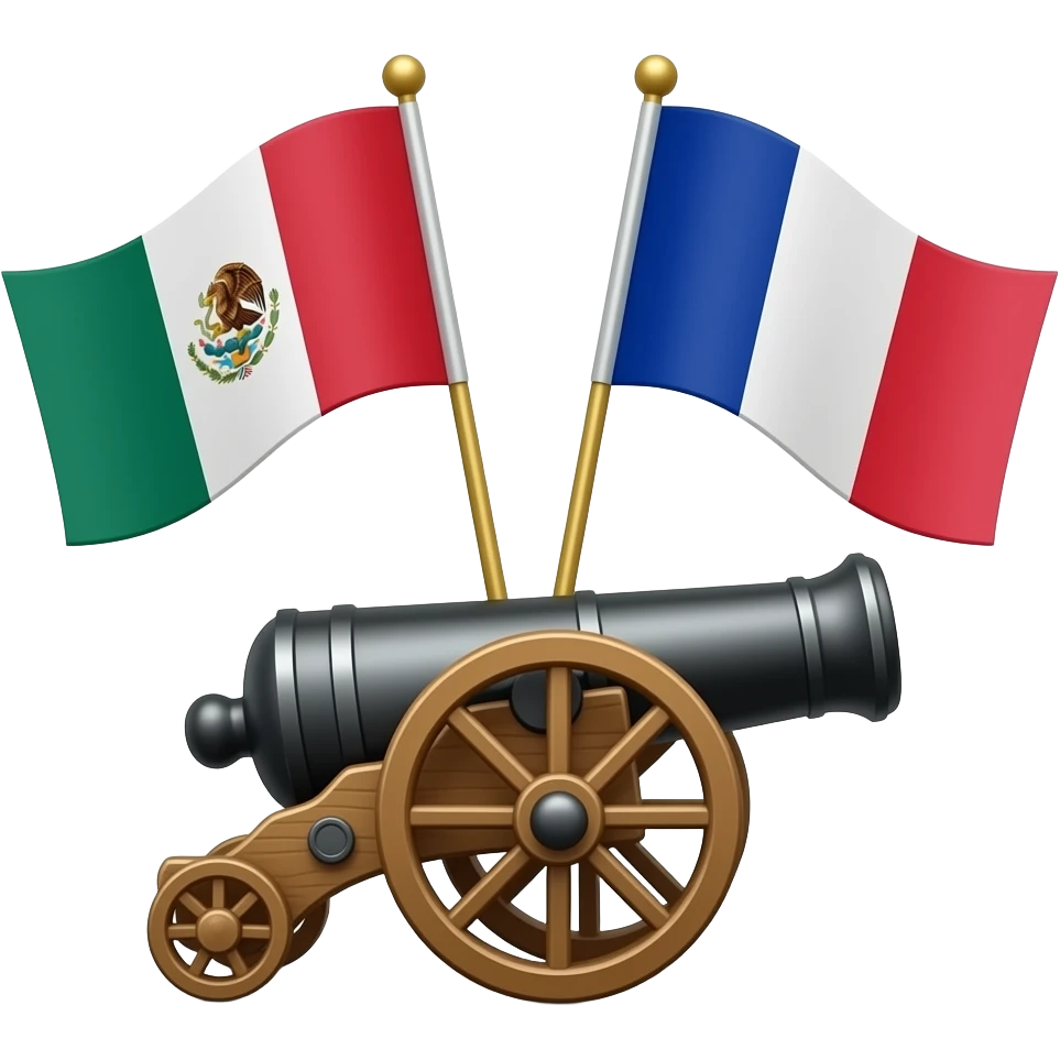 bandera de mexico y bandera de francia con un cañon en medio, el cañon de perfil, hacia el otro lado emoji