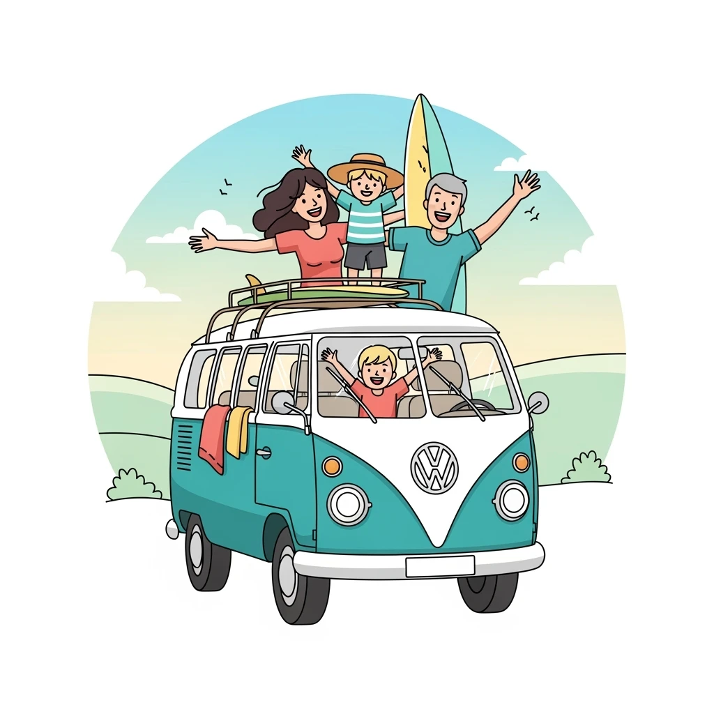 color vector art with thin outline of family with volkwagon van  emoji