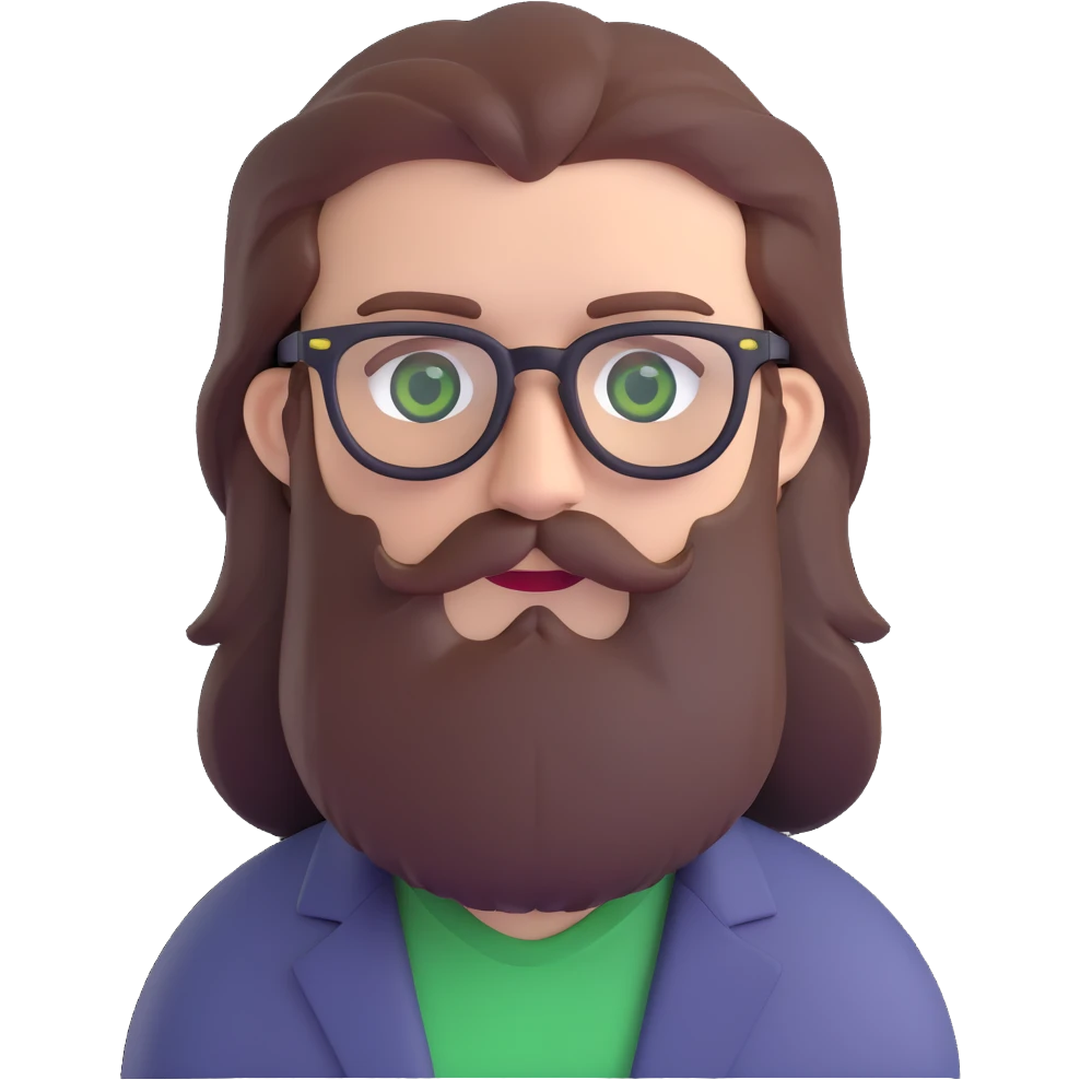 white male mid 30s green eyes black square glasses long brown beard with medium brown hair emoji
