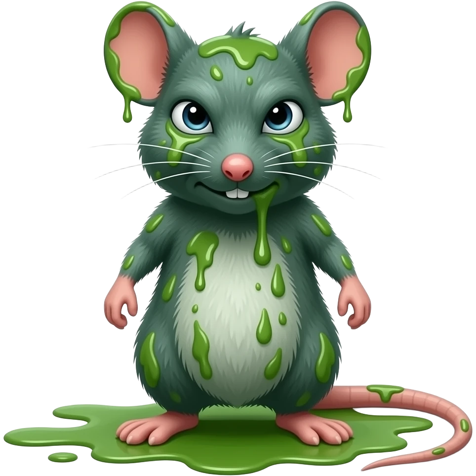 A little green mouse standing upright, with arms and legs that look like those of a little person, staring at us with loathsome face on its face, with vomit. The mouse’s body is entirely green. emoji