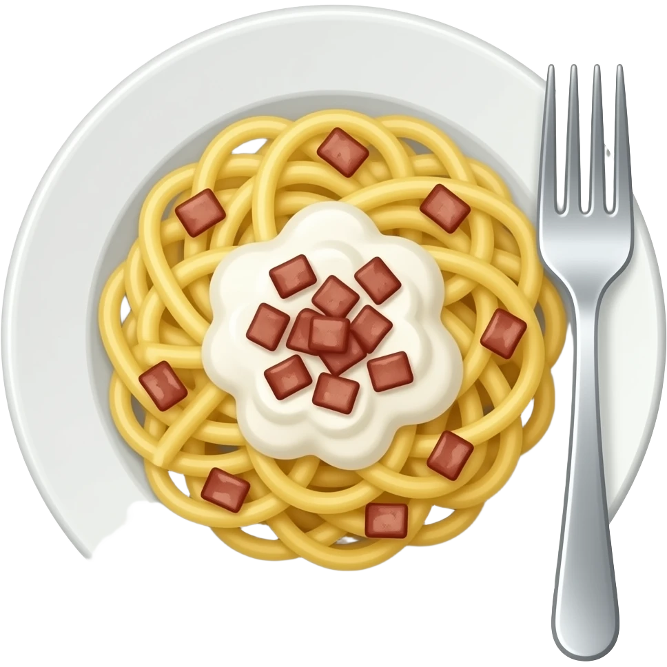 Pasta with small rectangular bacon bits and a white cream sauce on a deep plate with a fork emoji