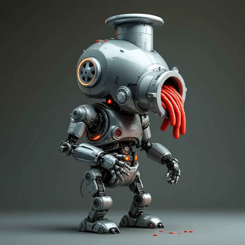 a robot that has a meat grinder for a head. 2 arms that stuff meat into the meat grinder and sausage links come out of the rear. The robot hovers. shoves meat into its mouth to grind emoji