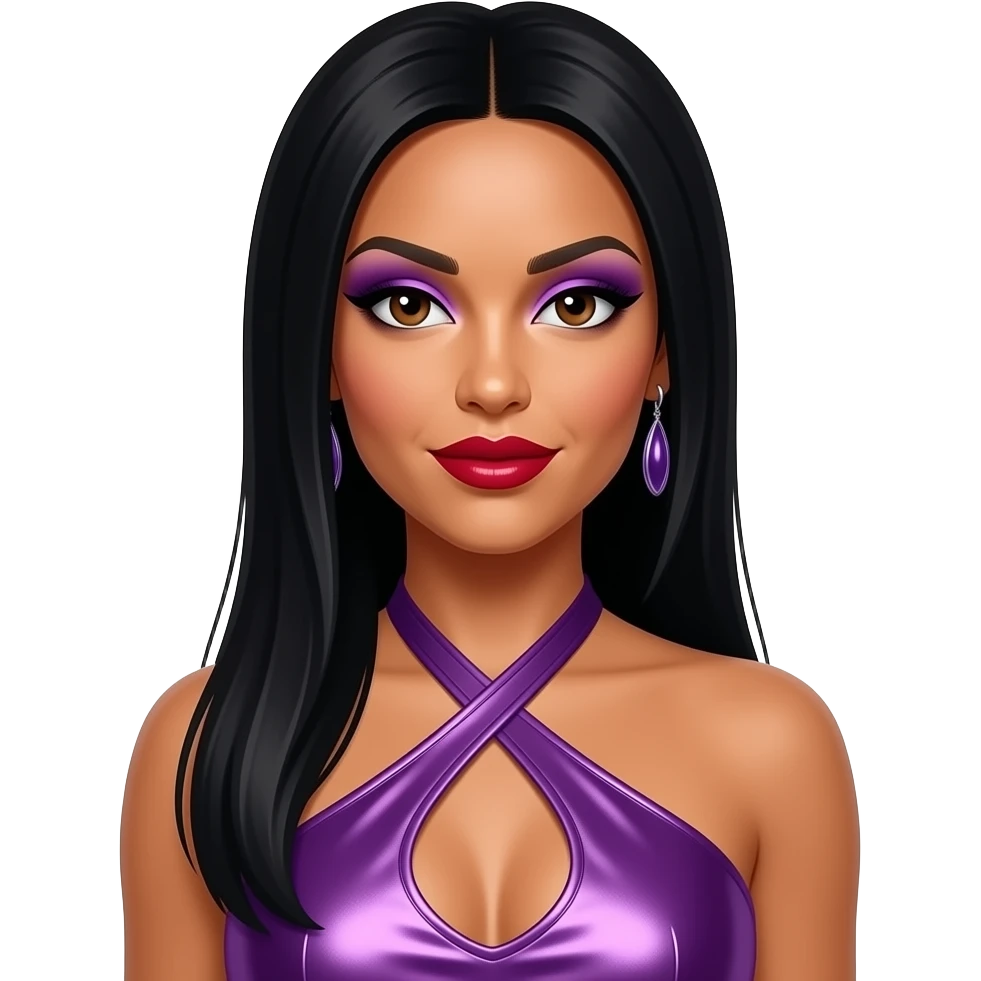 Nicole Scherzinger from The Pussycat Dolls with tan skin, dark brown eyes, long black 2000s straight hair, purple eyeshadow, red lipstick, purple metallic halter dress, earrings emoji