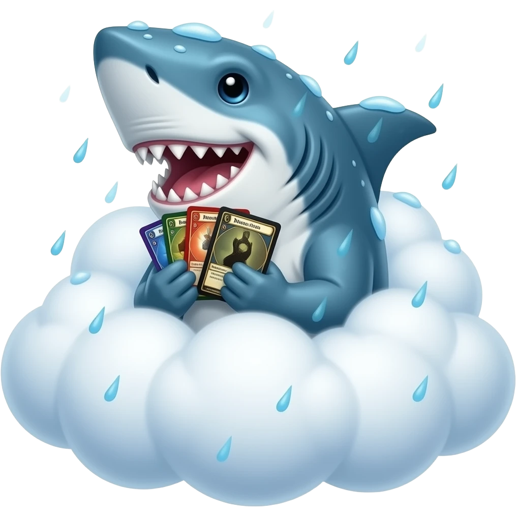 A shark behind a cloud making it rain while holding Magic the Gathering cards emoji