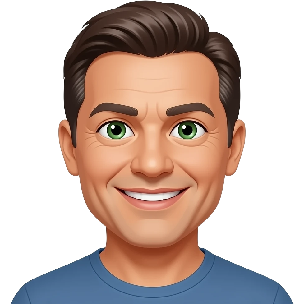 hispanic, green eyes, short brown hair with some white, always smiling, kind, around 45yr of age loves, blue, thin ayebrows, lips not full but not thin emoji