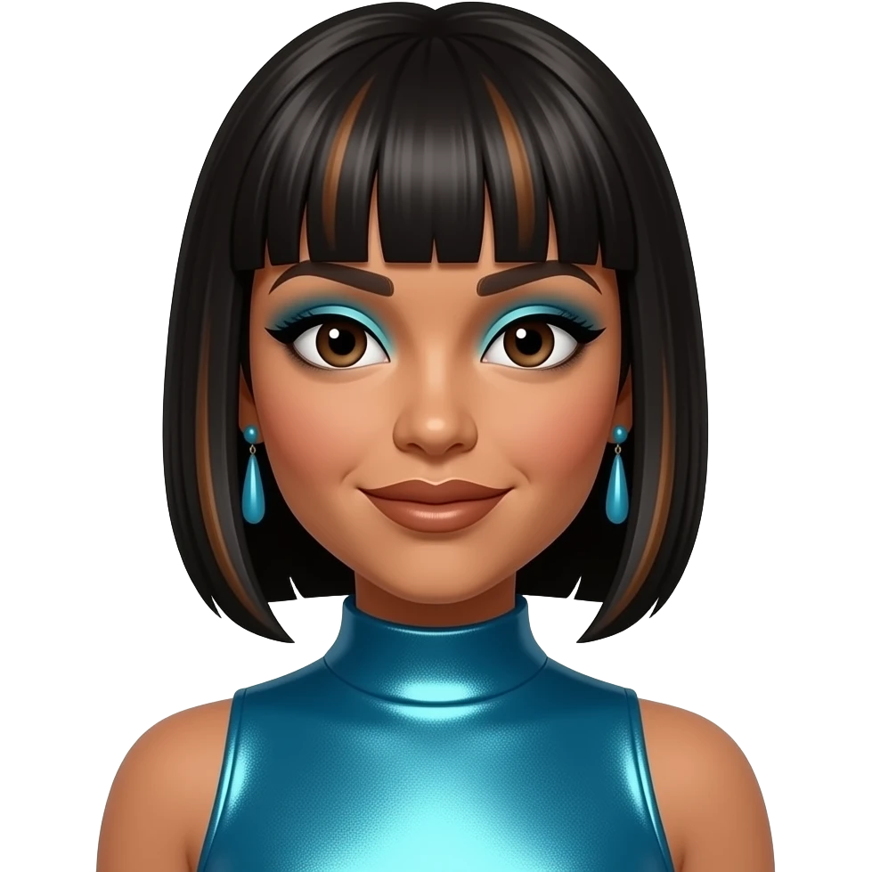 Lisa Left Eye Lopes from TLC with dark brown eyes, medium black straight bob bang hair with dark brown highlights, cyan eyeshadow, bronze lipstick, cyan metallic high neck dress, cyan earrings emoji