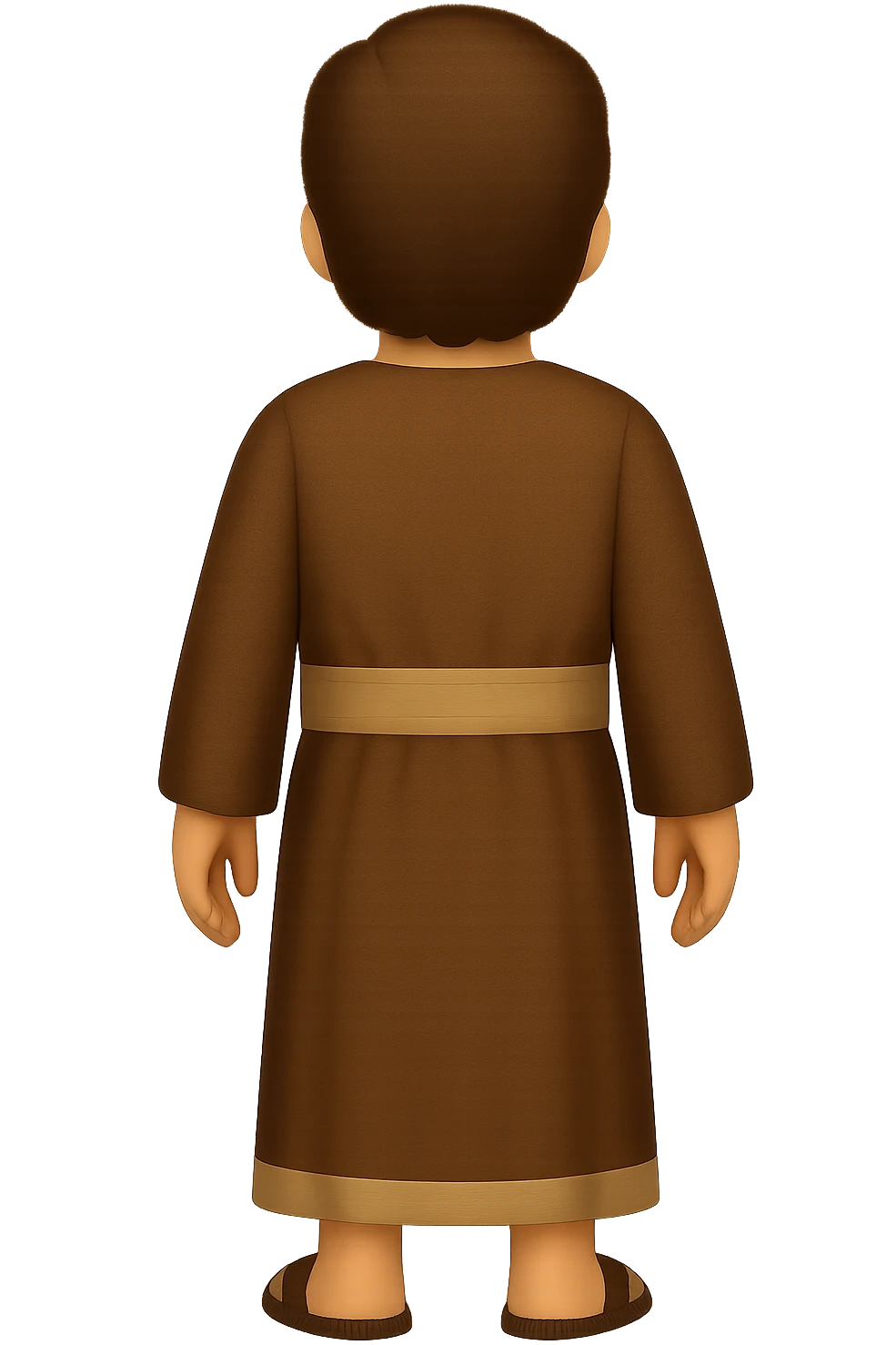 Back view, centered full body, facing away, classic emoji style of apostle Peter with short hair, no hood, arms down by sides, smiling, wearing long sleeve brown clothes with beige details, no background. The style should mimic classic emoji style. emoji