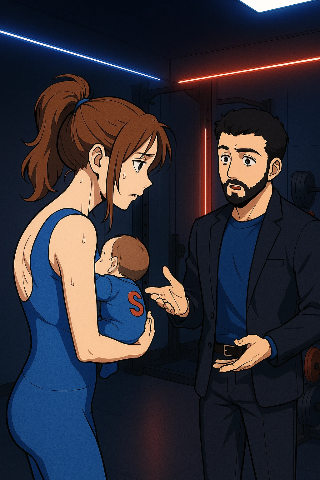 ispirati a questo stile di disegno e fai questa immagine in versione manga/webtoon a colori, il manga mostra la donna preoccupata di profilo con la postura sbagliata e incurvata, spalle chiuse e curve in avanti, con un neonato in braccio con una tutina azzurra e la scritta "S" sulla schiena, spina dorsale storta della donna in evidenza mentre ascolta l'uomo mentre l'uomo gli sta spiegando una cosa, ma non fare i fumetti, fai come se stessero parlando emoji