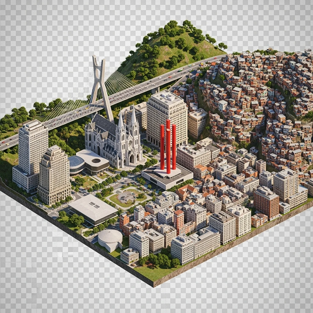 Isometric miniature of São Paulo Catedral da Sé, MASP on red pillars, Octávio Frias Bridge, and Altino Arantes building, favelas on hillsides, dense chaotic urban blocks, and green parks 3D miniature effect and Tilt Shift effect, no cartoonish look, transparent background. emoji