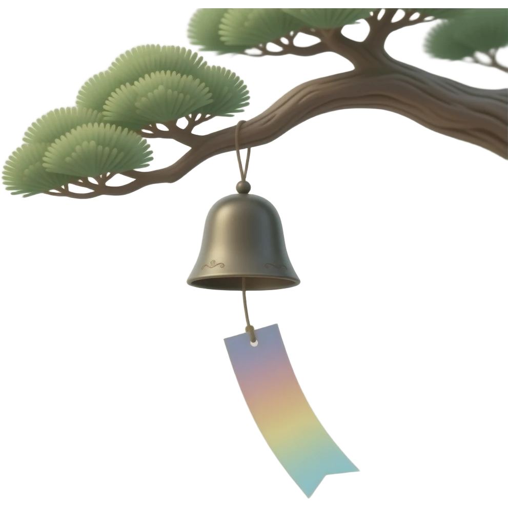 "A Japanese furin wind chime hanging from a bonsai tree branch. A single rectangular paper strip is attached below, moving softly with the wind. The paper changes color randomly each time. Minimalist scene, soft natural lighting, calm atmosphere, Japanese aesthetic." emoji