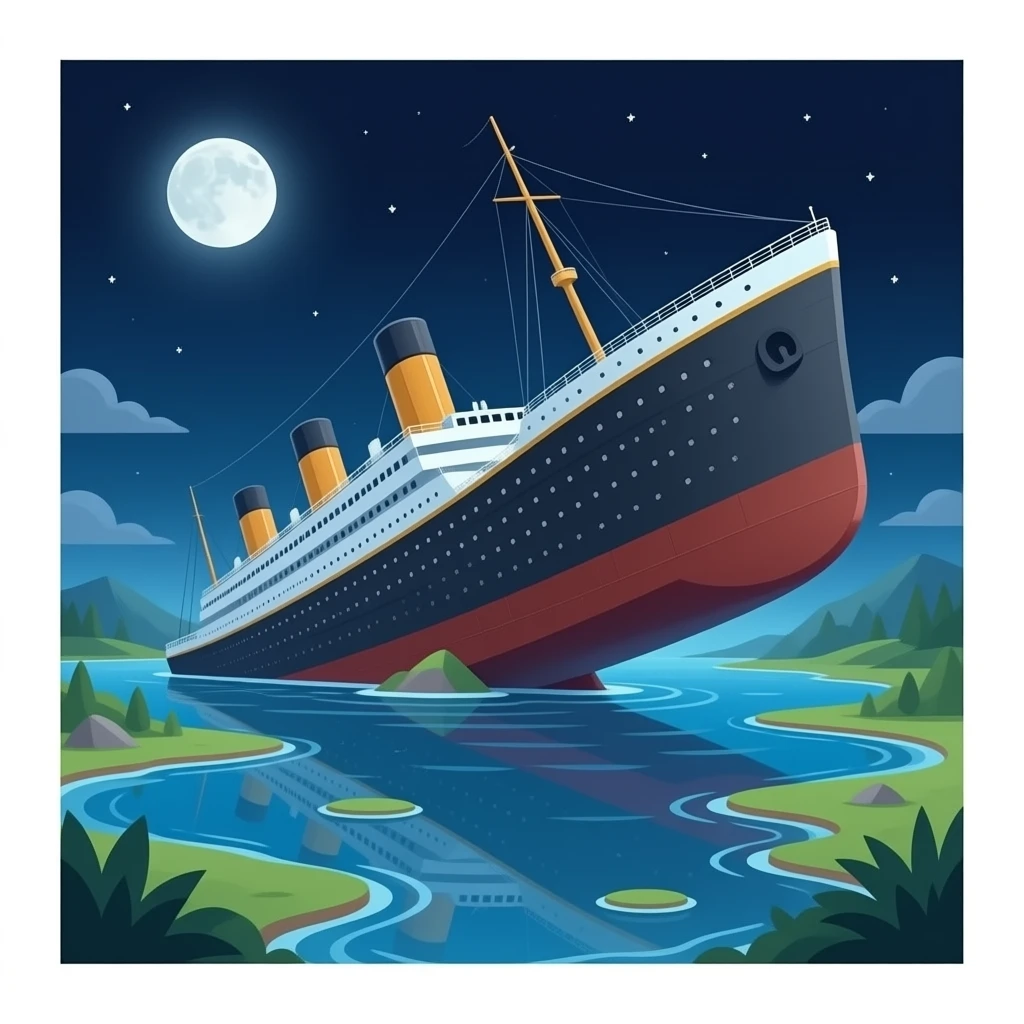 The sunken ship Titanic floats in the night sky above a shallow pool of water - sideways emoji