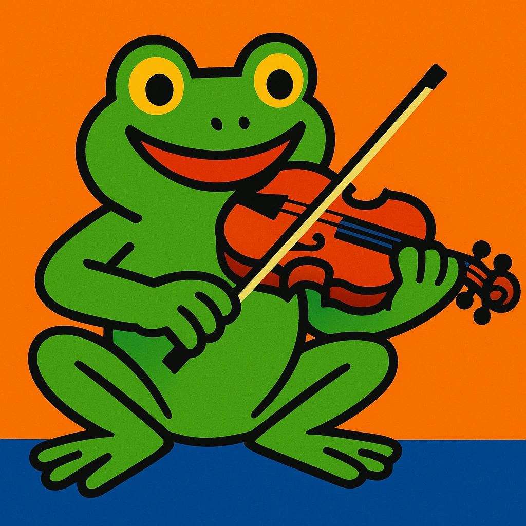 frog playing the violin, vibrant cartoon style emoji