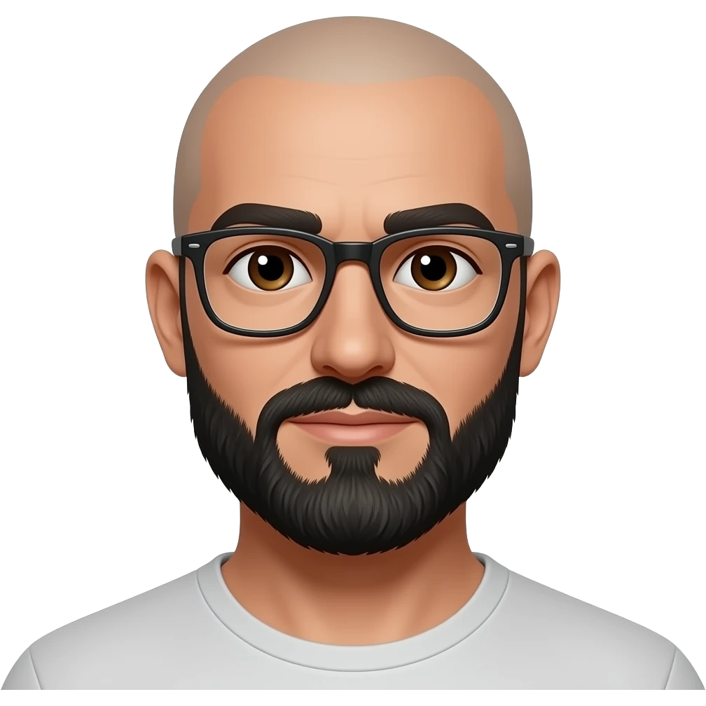 Homme chauve avec lunettes barbe noire  yeux brun visage plus fin emoji