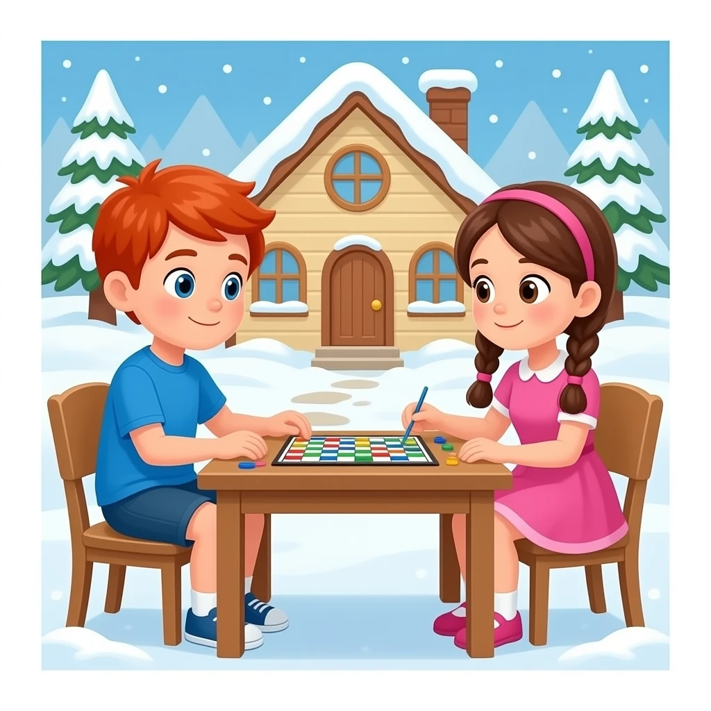 let it snow one boy with red hair and bnlue shirt shorts one girl two brades and pink dress went for a board game in house emoji