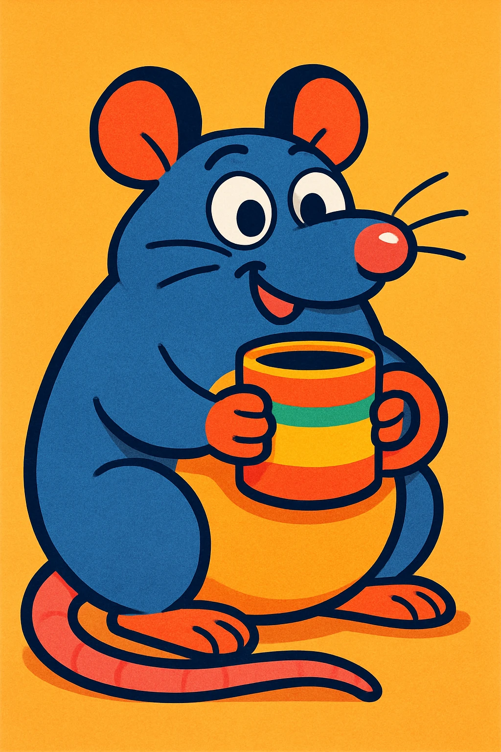 a chubby rat holding a mug, fun illustration style, colorful, playful emoji