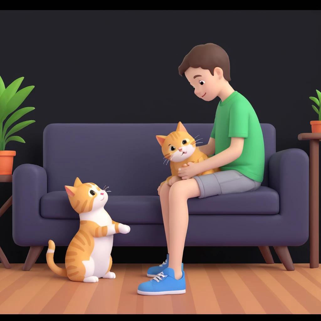 boy and cat pet, living room background emoji
