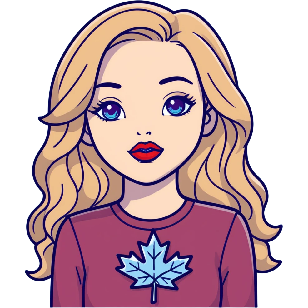 Pale skin wavy long brown hair blonde highlights very light blue crystal eyes big  lips wearing bright red lipstick female wearing a black long sleeves the phrase "canadian chick's" in red purple on front and maple leaf red earrings emoji