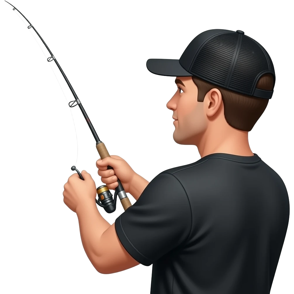 a fisherman looking away from the camera wearing a black t shirt and a backwards black baseball cap,casting into the sky emoji