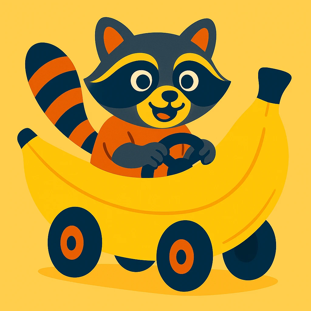 Change the car to a banana, keep the raccoon driving, in vibrant toon style. emoji