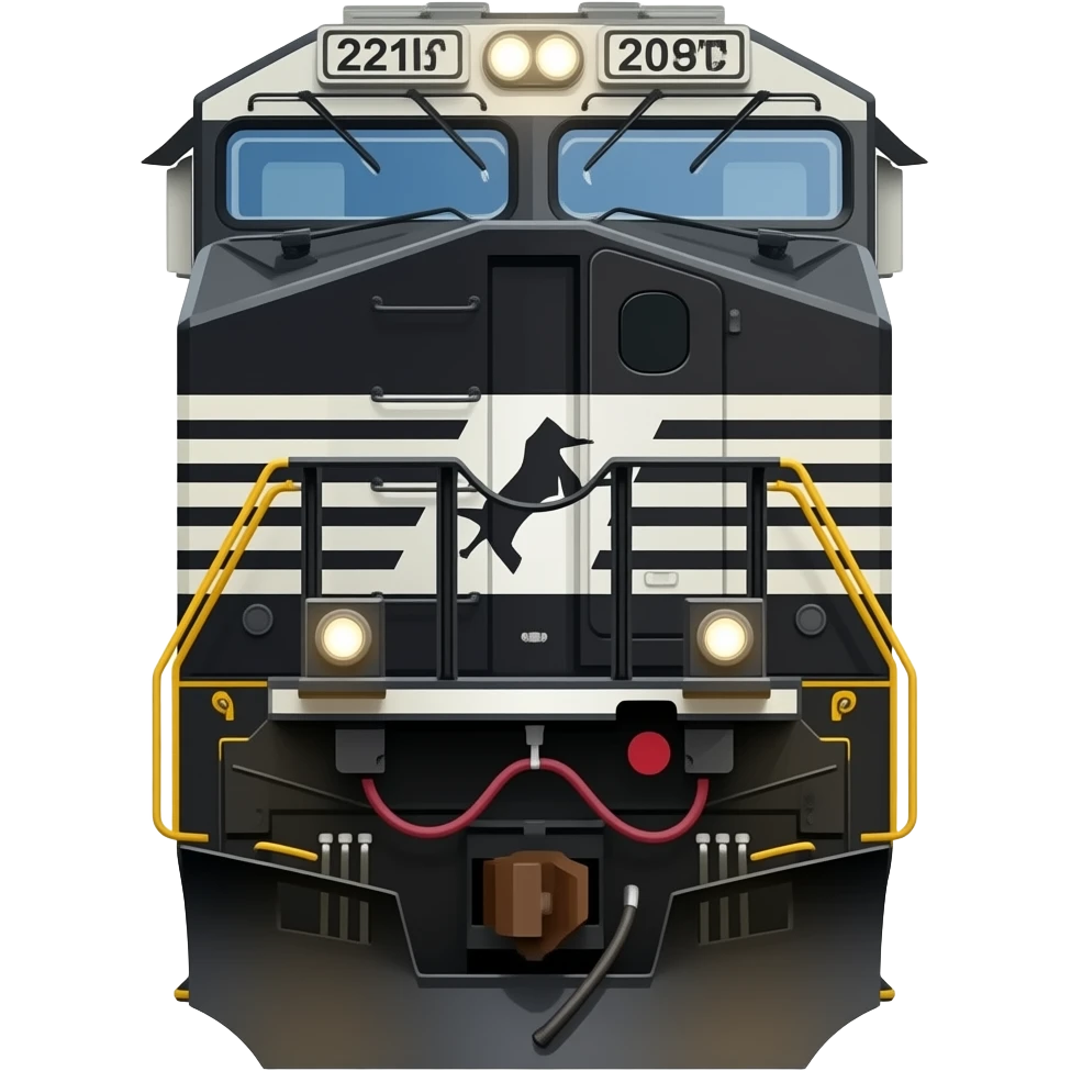 American made, EMD train engine, locomotive engine, front view, Norfolk Southern , cartoon style of a realistic picture emoji