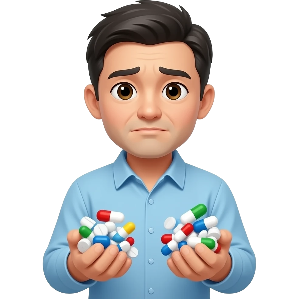 A weak man holding plenty medicine with a chinese 「你有病就食藥」 emoji