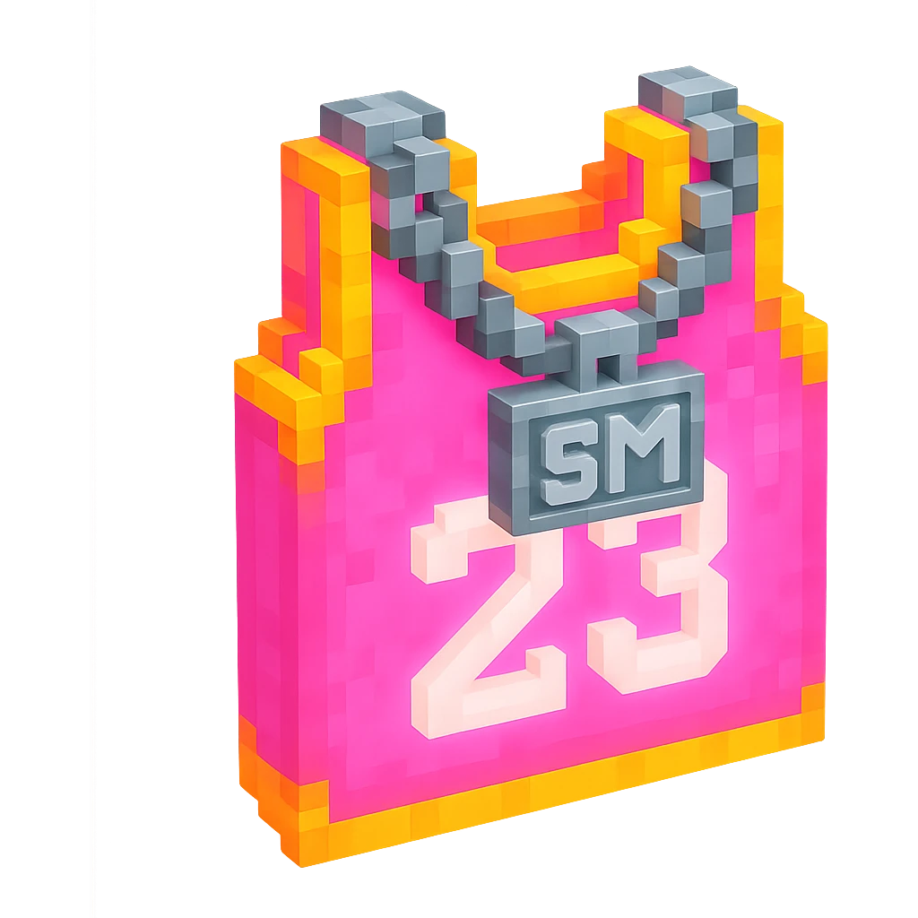 светящейся розовая баскетбольная майка с надписью "23" и серебряная цепь с надписью "SM", no background emoji