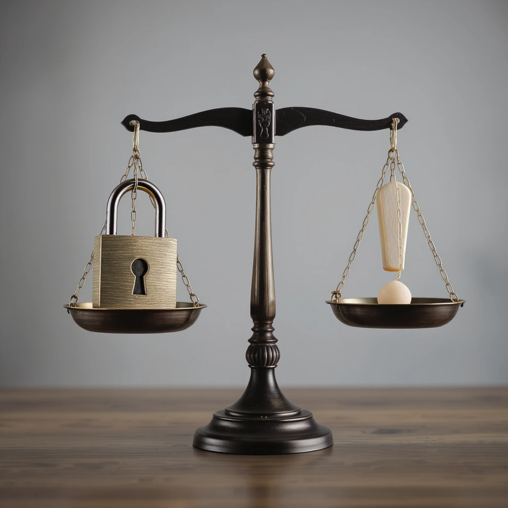 security and risk management, scales balancing a lock and exclamation mark, professional style emoji