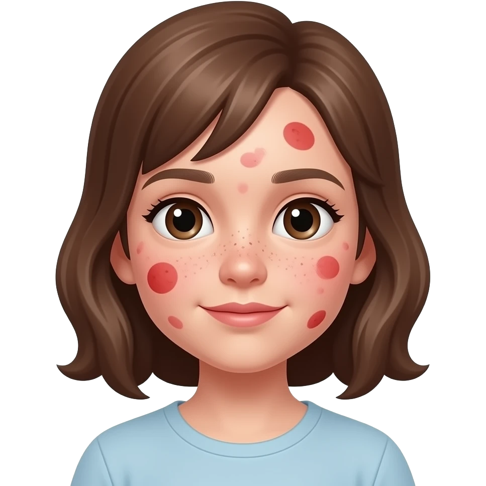 little girl emoji, brunette hair, face only, MANY red chickenpox spots on face, clearly visible rash, cheeks and forehead covered, ios emoji style, 3d emoji