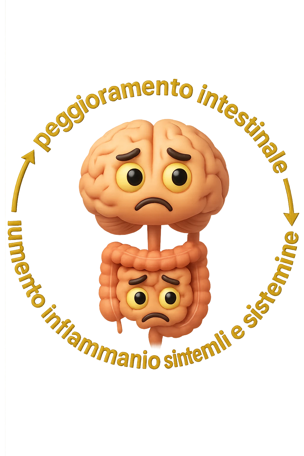 EMOJI STILE IPHONE 3D DI un cerchio con queste scritte che girano intorno "stress → peggioramento intestinale → aumento infiammazione → peggioramento sintomi intestinali e sistemici." al centro del cerchio metti un cervello e intestino umani collegati verticalmente con espressione dubbiosa in volto, FALLO MOLTO REALISTICO IN 3D emoji