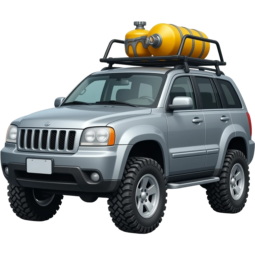 Gray grand Cherokee with offroad tires and rotopax on a roofrack emoji