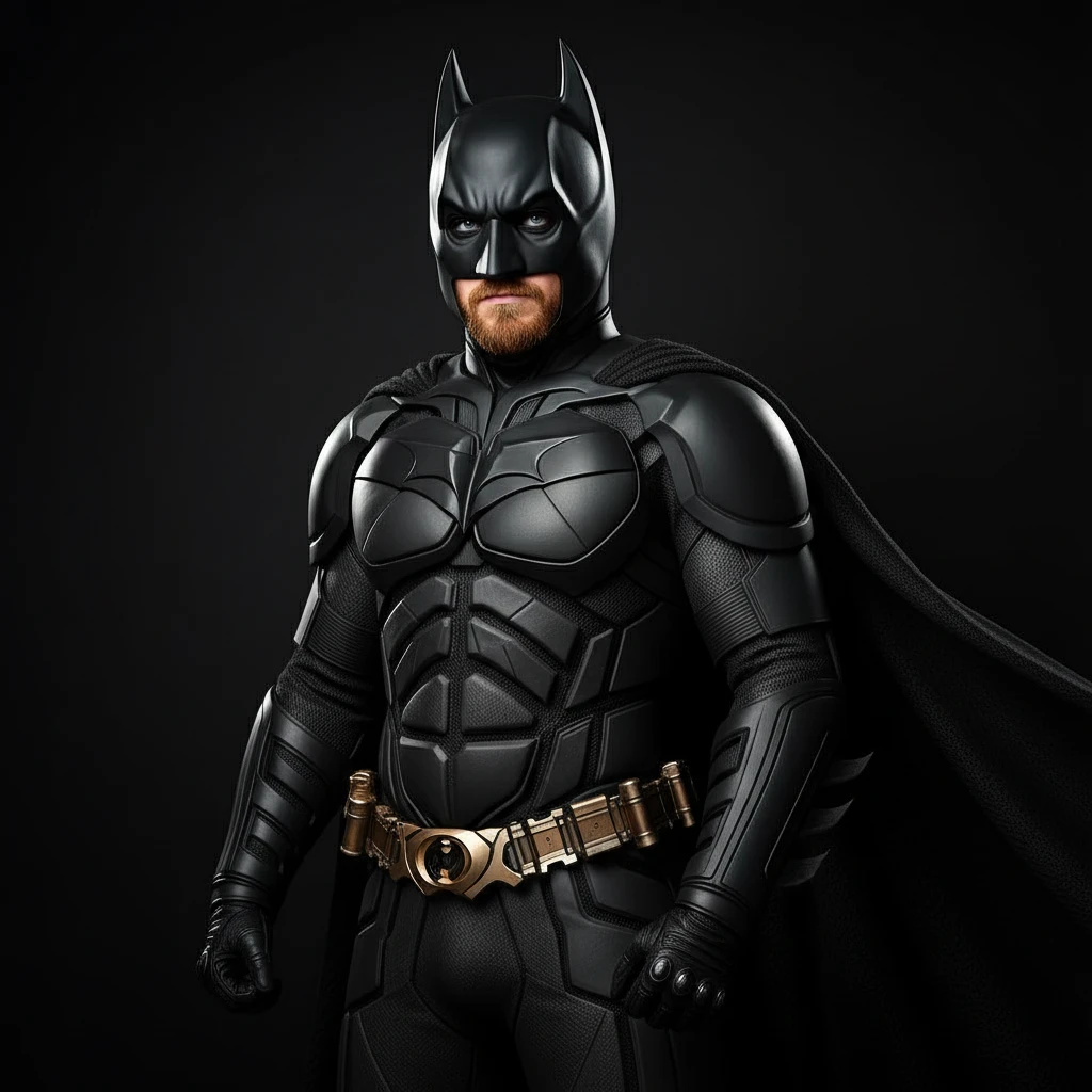 Turn this picture of me into a muscular, buff version of myself wearing the high-tech, black Christian Bale Batman suit from The Dark Knight. Maintain my own facial features but make my physique athletic and superhero-like, standing in a confident pose. emoji