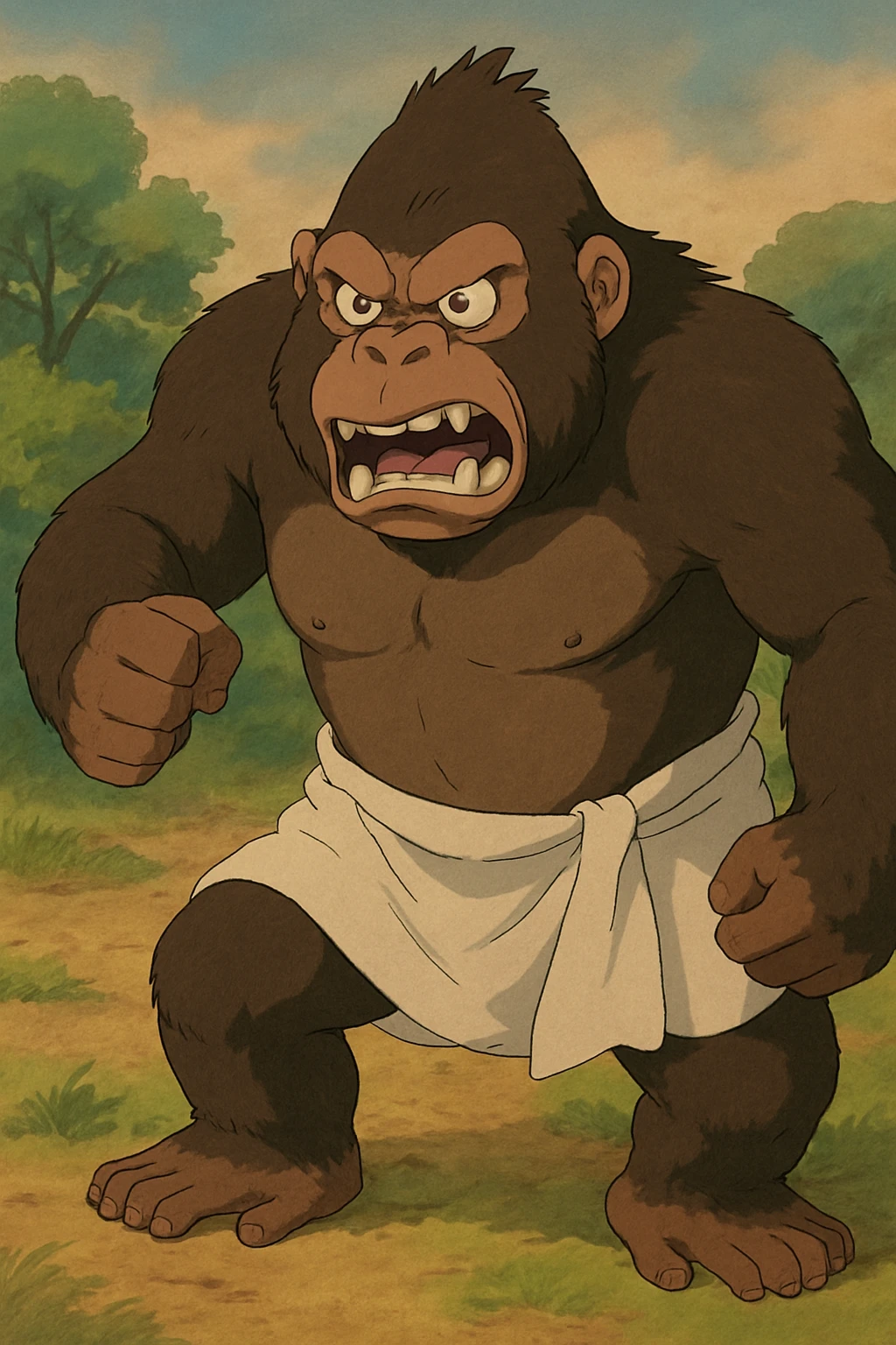 an angry gorilla with a towel wrapped around his waist emoji