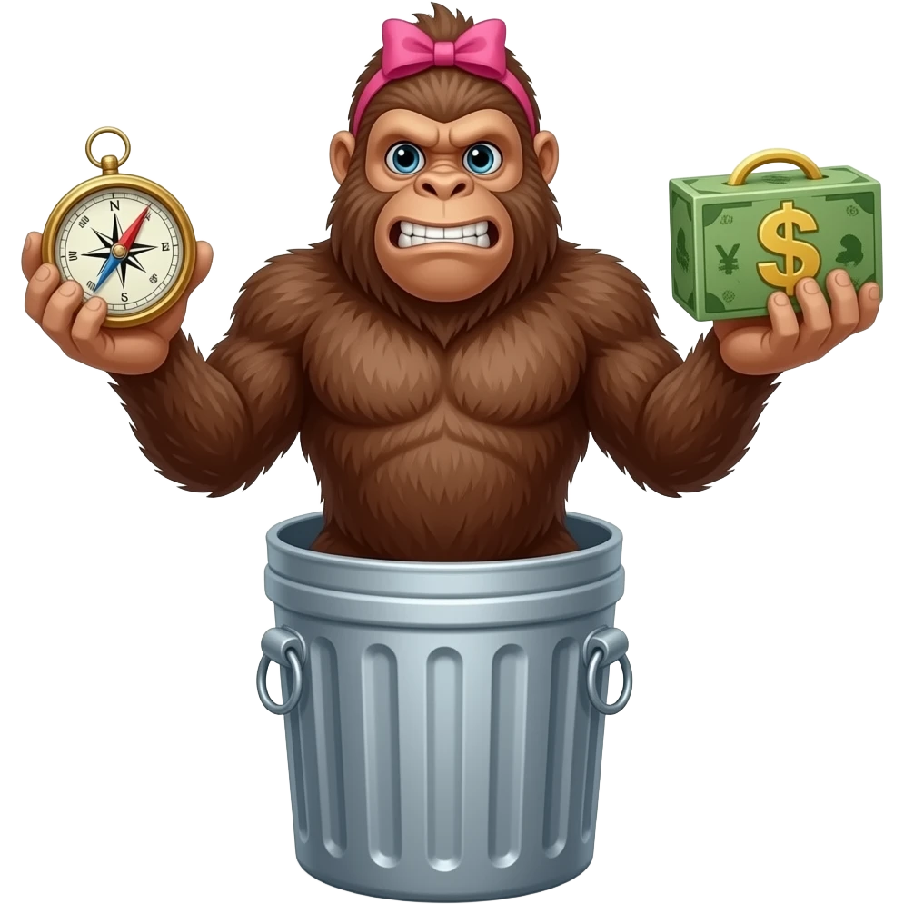 Full body sasquatch with pink bow in hair holding a compass in 1 hand and bank with banksy on it in other hand standing in trashcan emoji