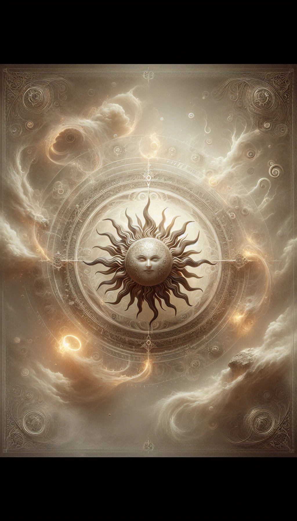 il sole è dio, sfondo mistico neutro chiaro, attorno al sole fluttua una magia mitologica, iperrealistico 4k emoji