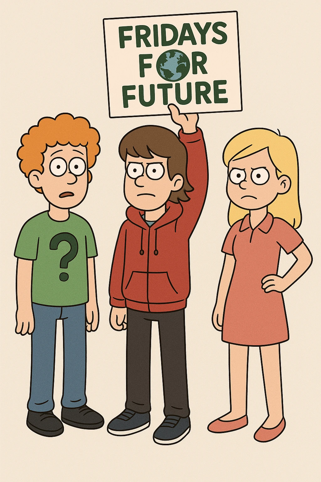  Fridays for Future a boy orange curly hair green question t-shirt jeans black shoes boy brown Hockey Hair red hoodie black trousers navy blue trainer shoes girl yellow hair with shirt dress pink shoe boy Yellow Orange hair blue jackets hoodie dark blue jeans white shoe  emoji