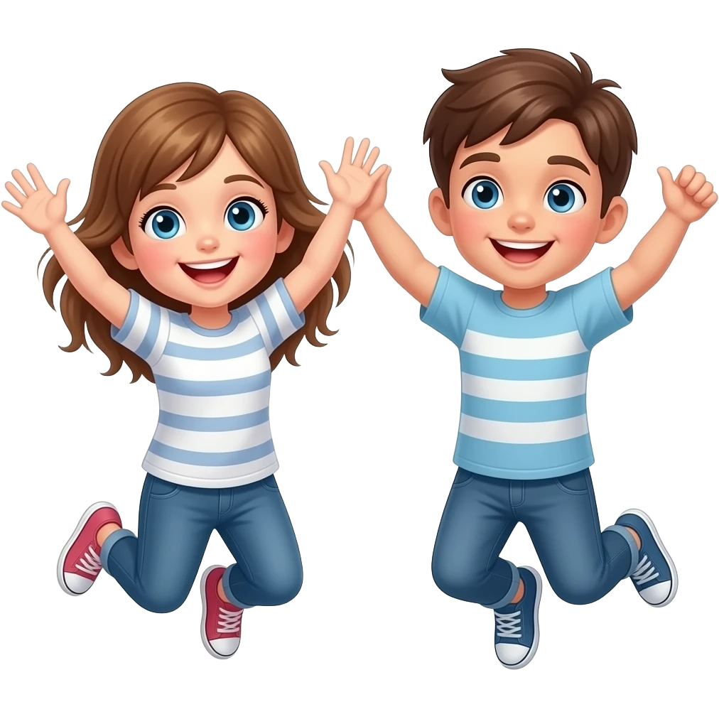 dos hermanos pequeños, una chica con ojos azules y cabello avellana saltando de alegria con una camiseta i unos pantalones  con su hermano de pelo castaño con ojos azules saltando de alegria emoji
