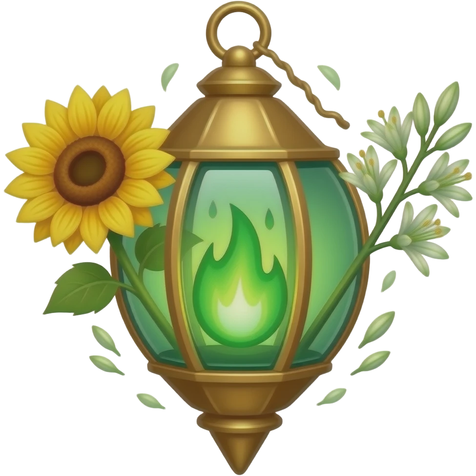 A golden hanging lantern with a bright emerald flames, no loop on top, blooming sunflower (l) & asphodel (r) wrapping it, focus more on the green fire, paint the glass more green, have its bottom point come to some sort of point emoji
