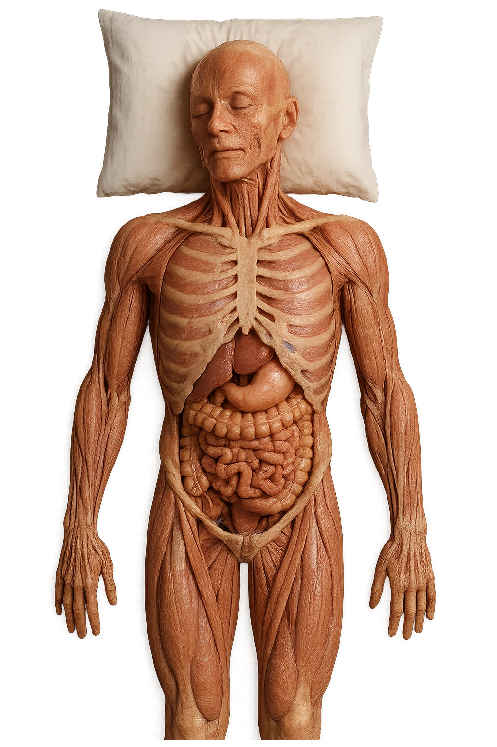 corpo umano anatomico CON TESTA SUL CUSCINO PERCHé STA DORMENDO, VISTO DALL'ALTO, iperrealistico 4k emoji