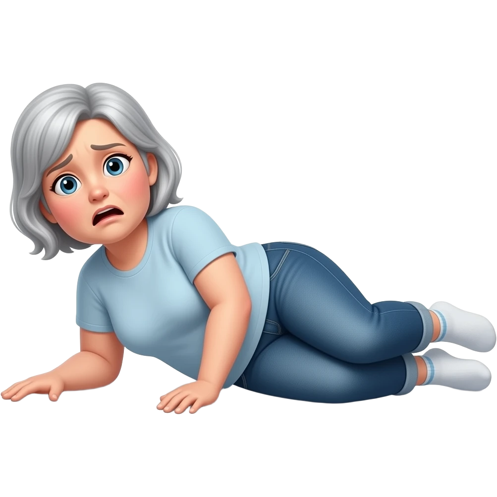The whole body of a slightly overweight elderly woman with slightly gray short hair wearing jeans and a t-shirt and socks with the look of painful surprise who fell to the floor on her left side emoji