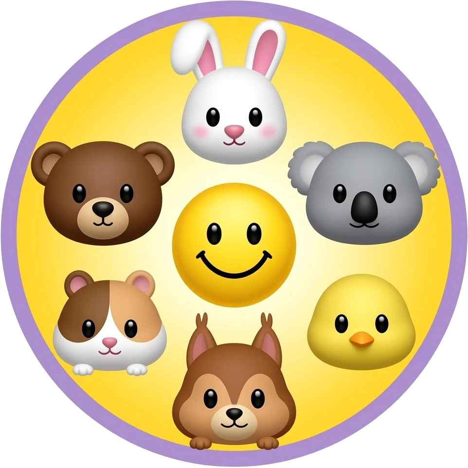 Smaller Yellow Smiley in the centre, circle form ,serrounded by the head only of these symbol 🐻🐰🐨🐈🐹🐿🐥, with bright yellow and background, light purple outline emoji