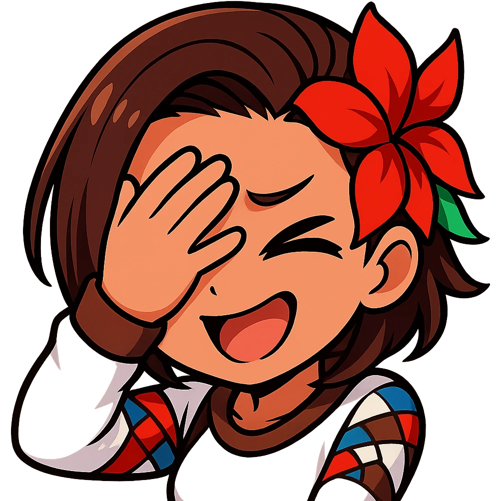 Azucena from Tekken 8 in chibi sticker style, facepalm pose with a playful expression, designed for Twitch emote use. emoji
