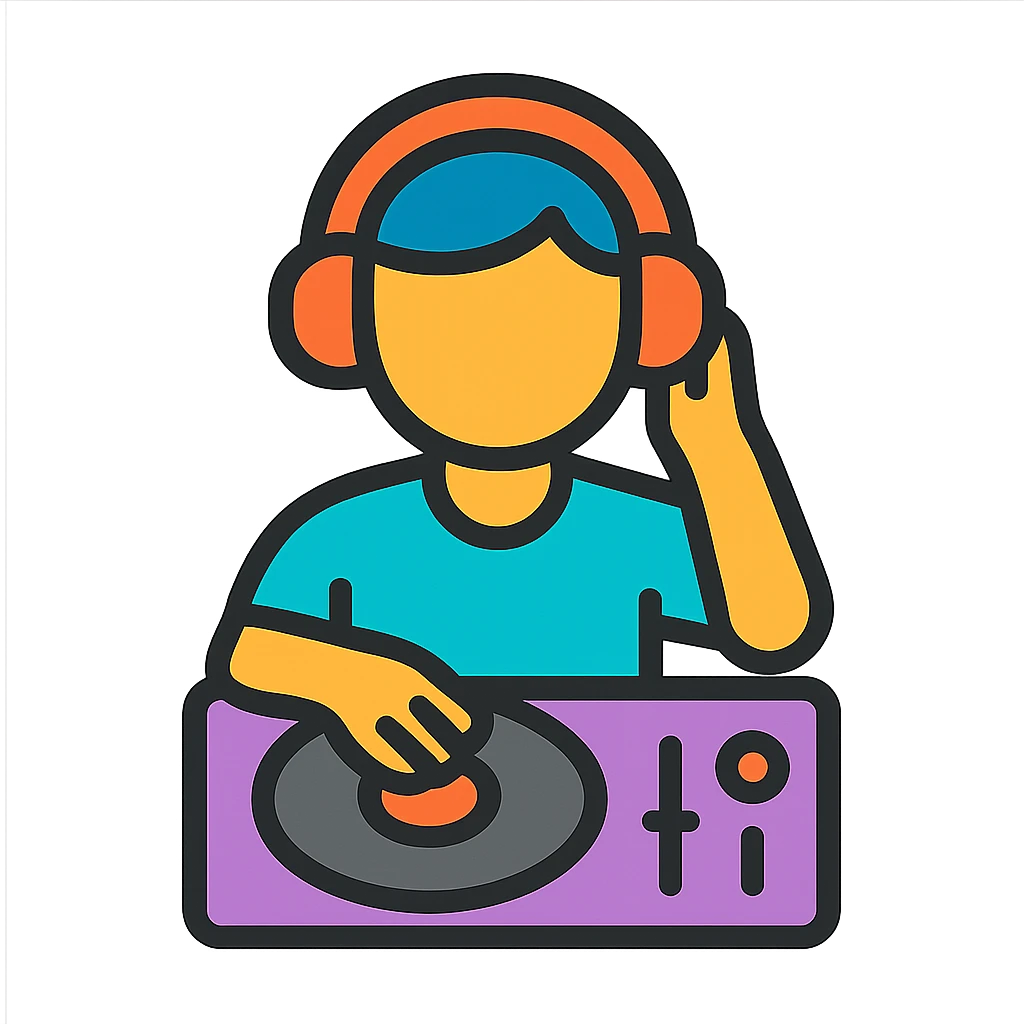 DJ icon, color outline style, DJ with headphones, turntable, vibrant accent colors emoji