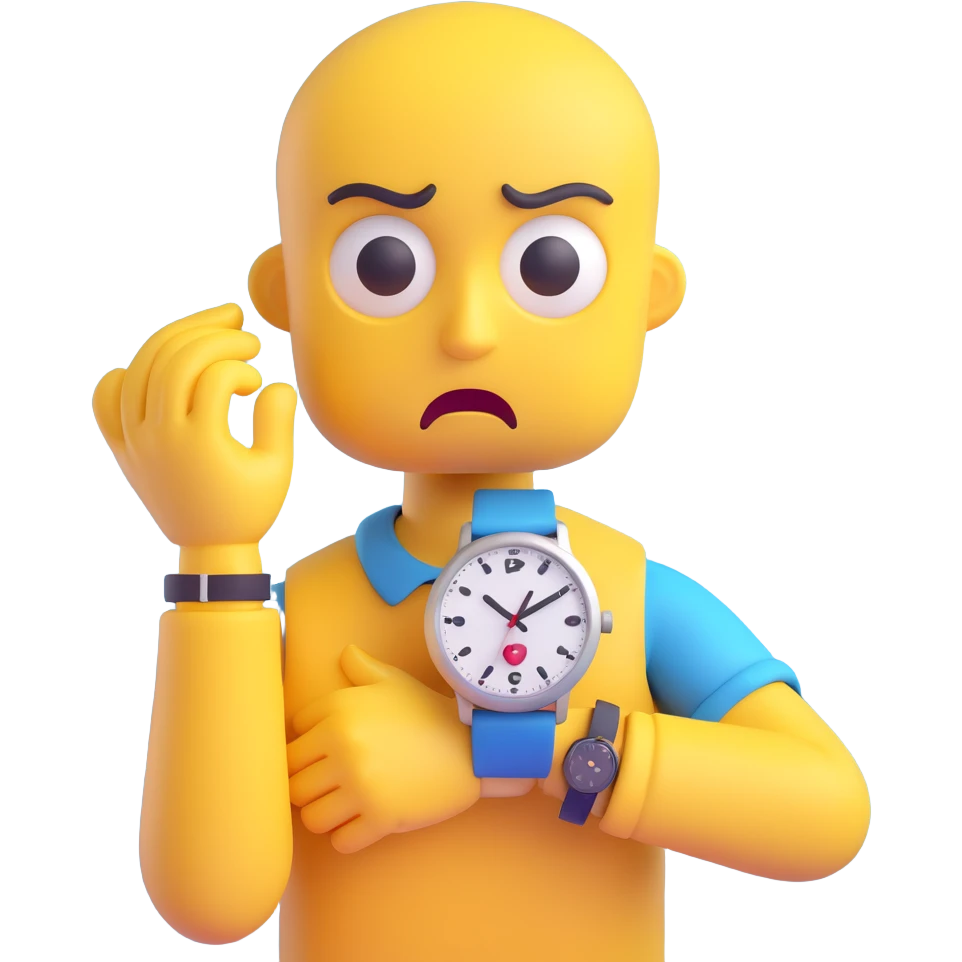 A yellow emoji face with a worried expression, looking at a wristwatch with raised eyebrows, showing urgency and stress emoji