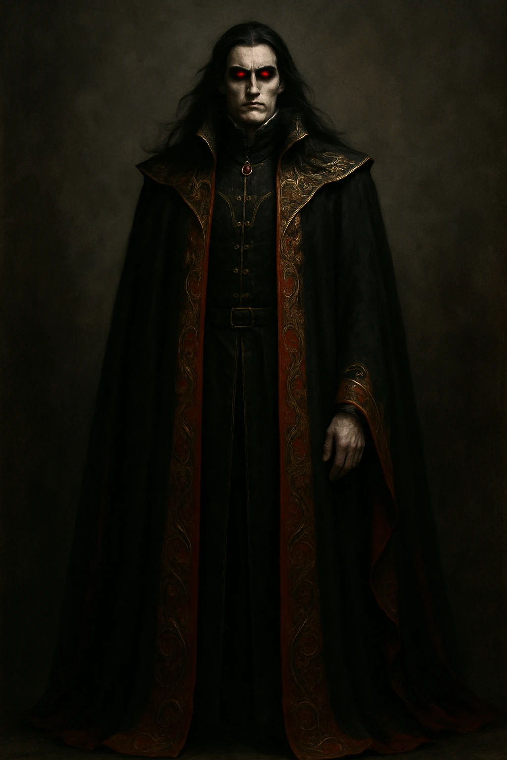 tall, imposing figure with long, flowing black hair, glowing red eyes, and a floor-length black and red cloak with ornate gold embroidery. He stands with a cold, stoic expression, exuding nobility and menace. emoji