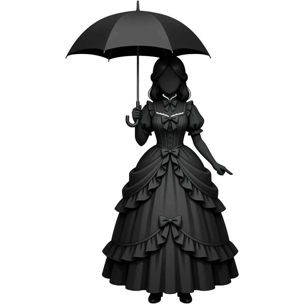 black silhouette mary poppins style female in old victorian dress holding umbrella up high above head and feet pointing out forwards emoji