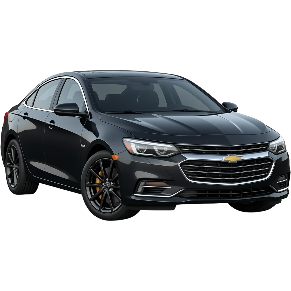 A realistic, high-detail photograph of a glossy black Chevrolet Malibu 2 Turbo Premier sedan with tinted windows, illuminated headlights on the front, and black alloy rims. emoji