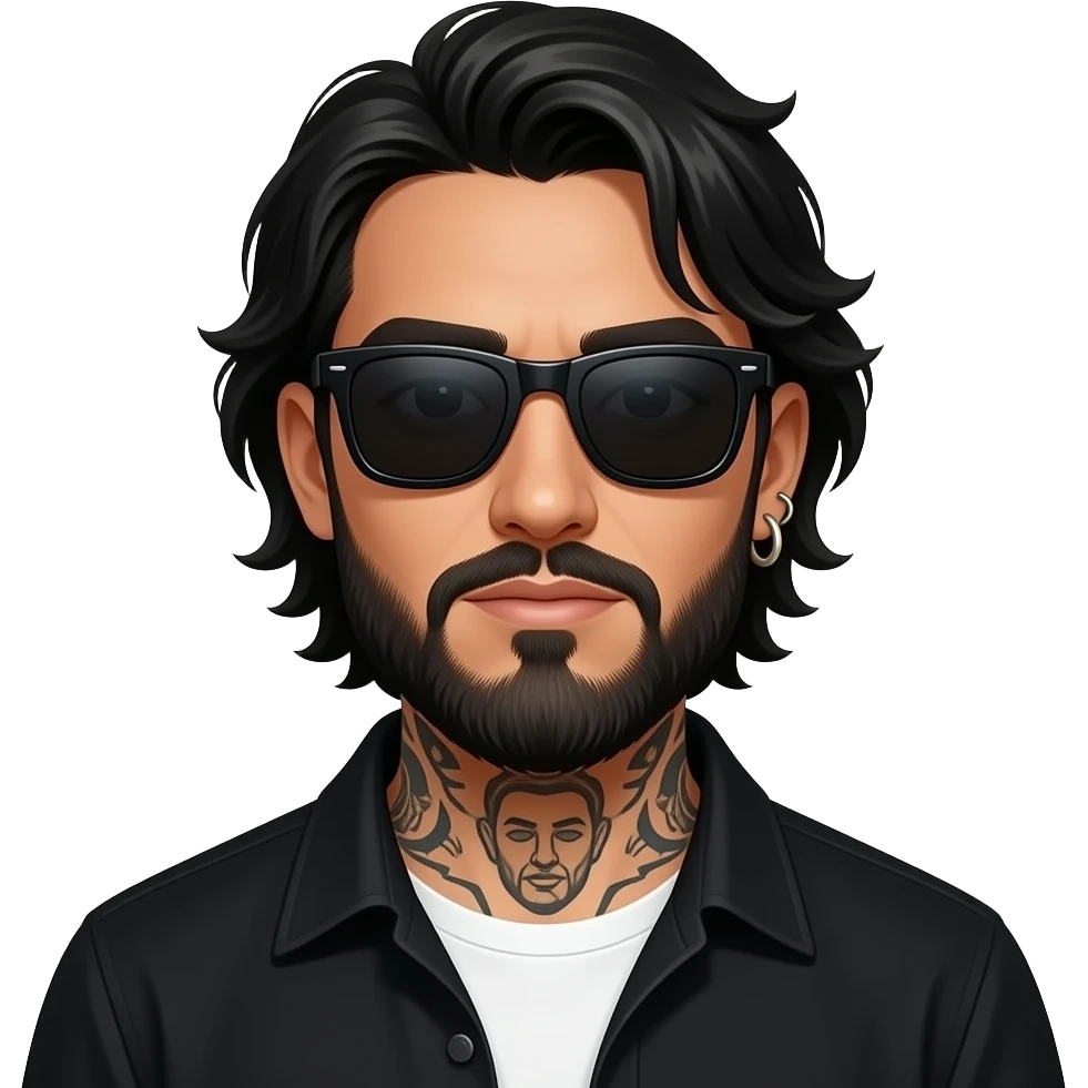 A handsome Latino man with medium length hair and long beard and tattoos with a right nose hoop and a left earring hoop wearing all black with a white undershirt and black sunglasses emoji