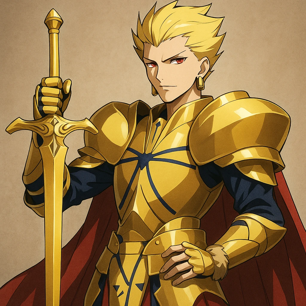 Gilgamesh from Fate anime, holding golden sword, red eyes, regal pose, anime style emoji
